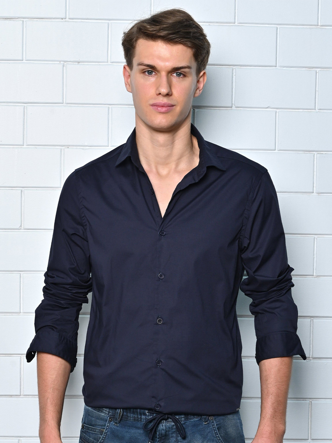 POE Men Cupid - Cotton Lycra Solid Shirt - Navy