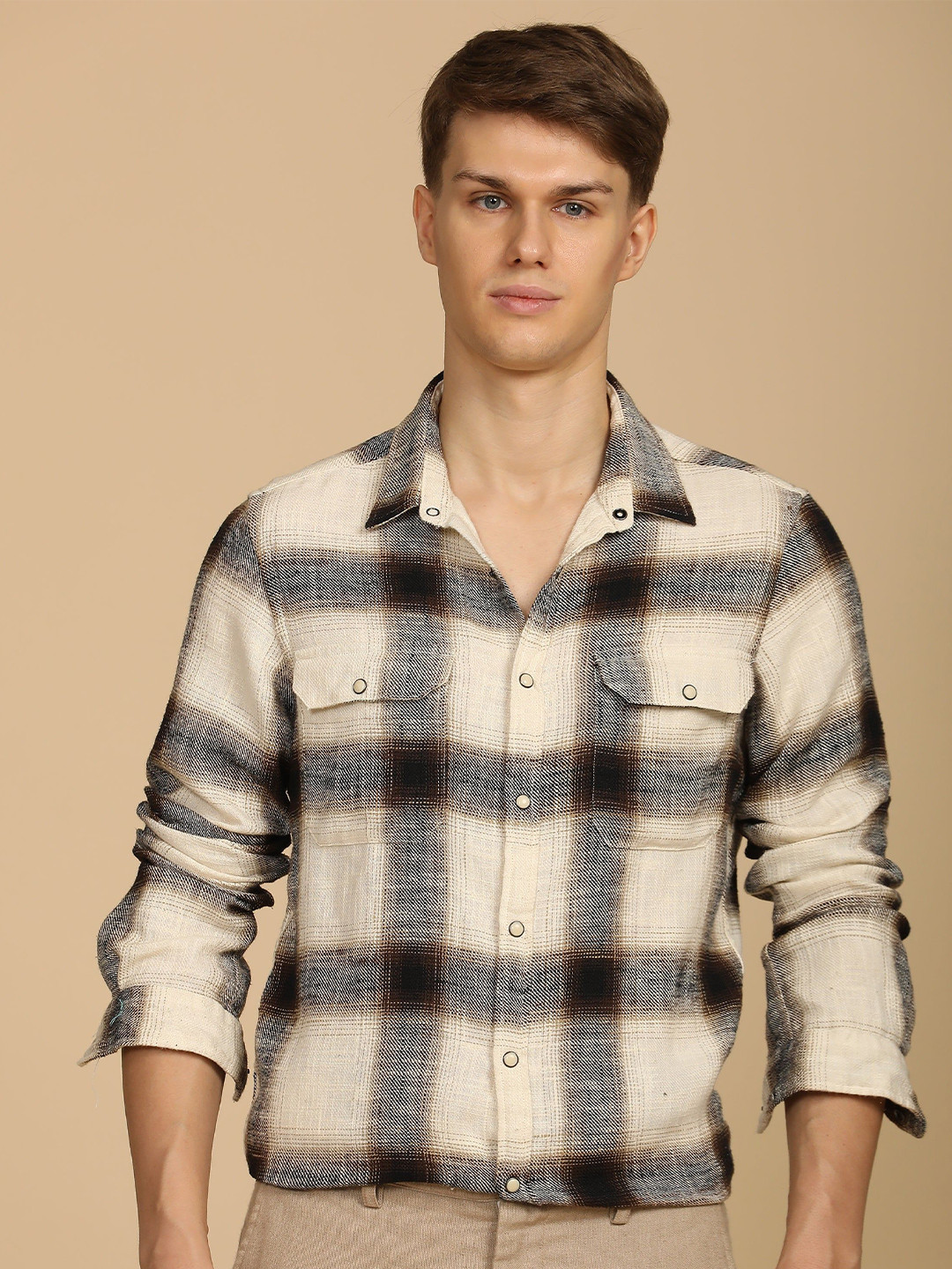 POE Men Fenix - Brushed Check Shirt - Brown