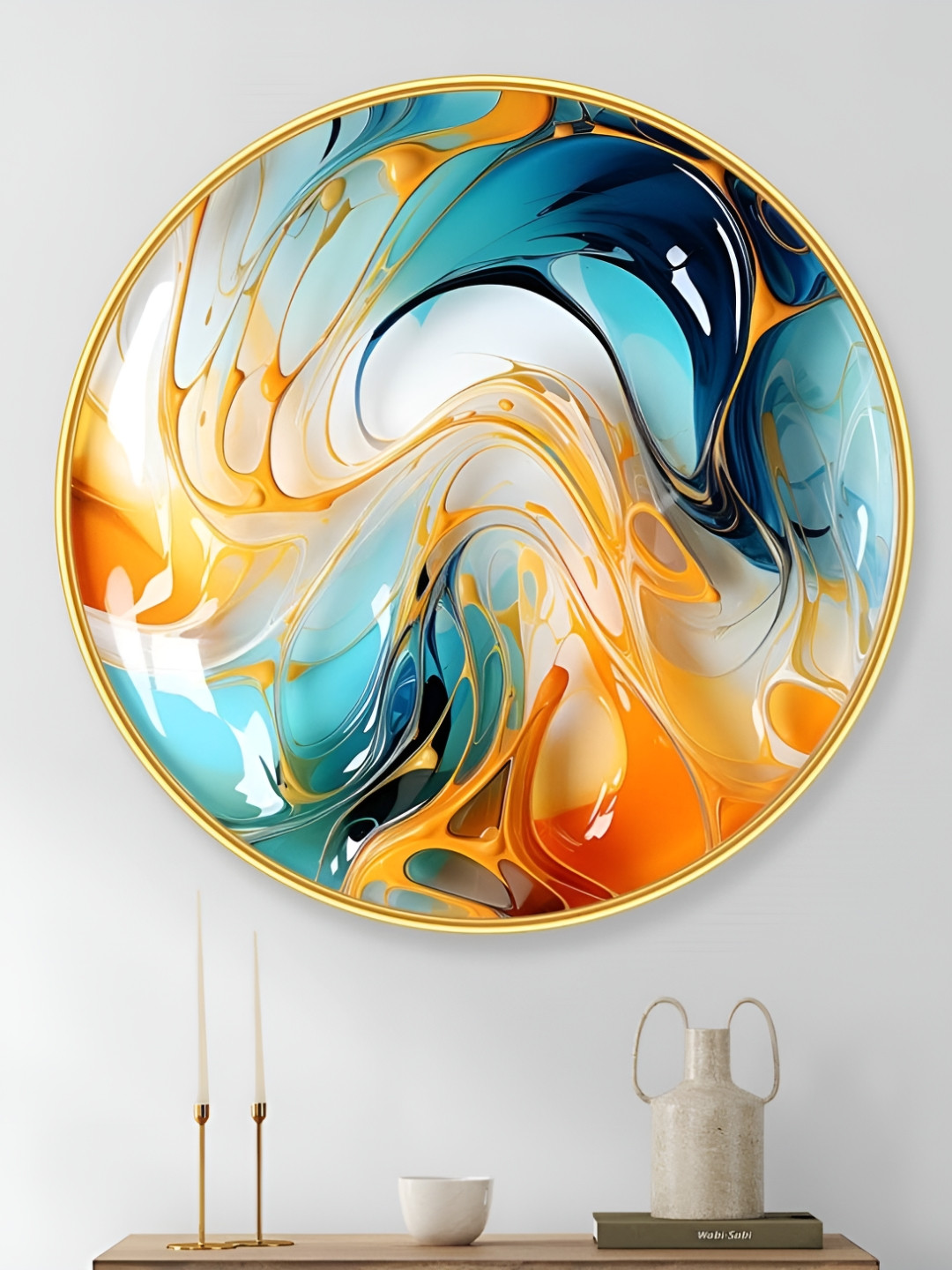 SAF Orange & Green Abstract Synthetic Wood Wall Paintings