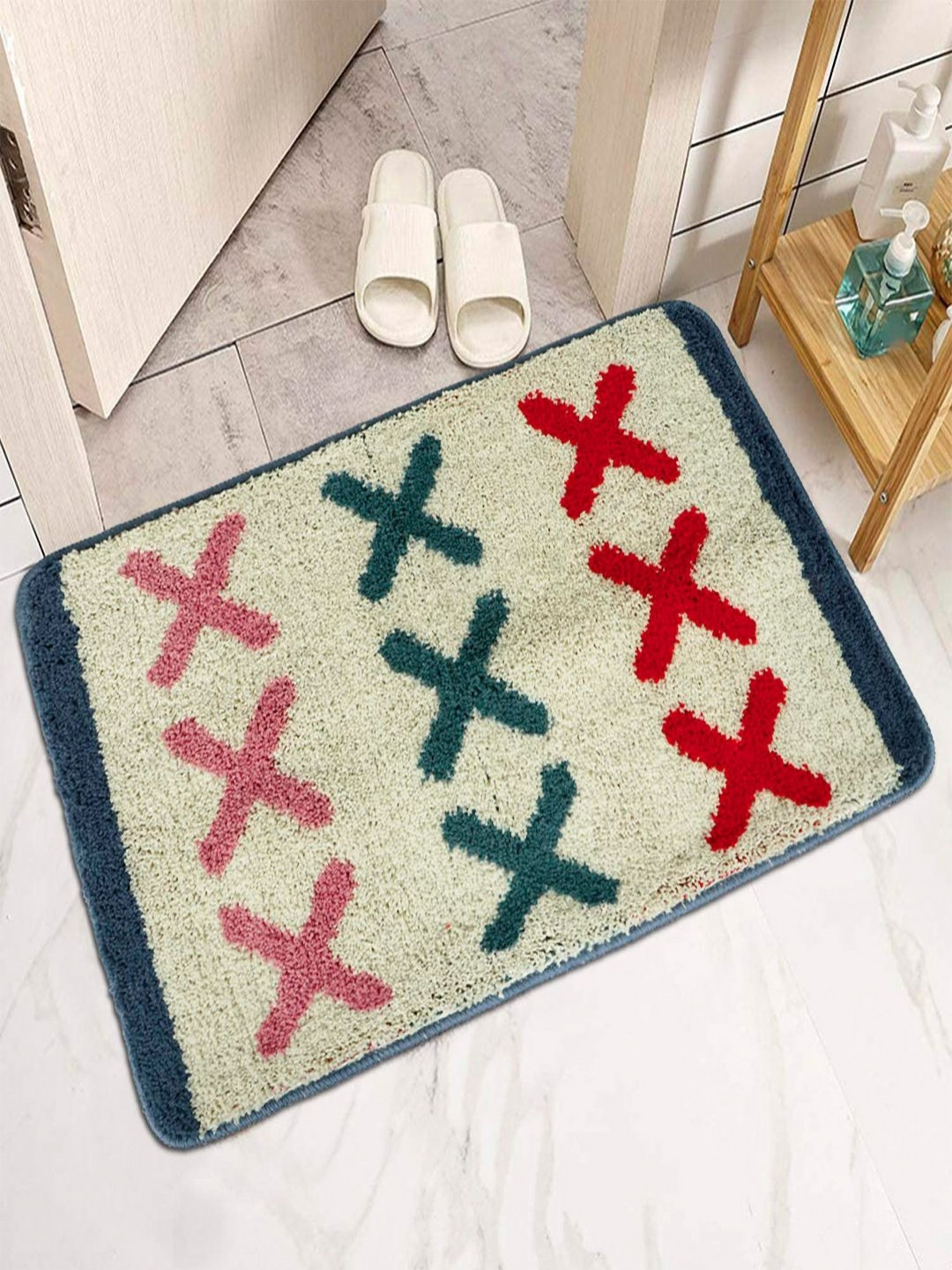 HOKIPO Green & Off White Patterned Microfibre 2800 GSM Bath Rugs
