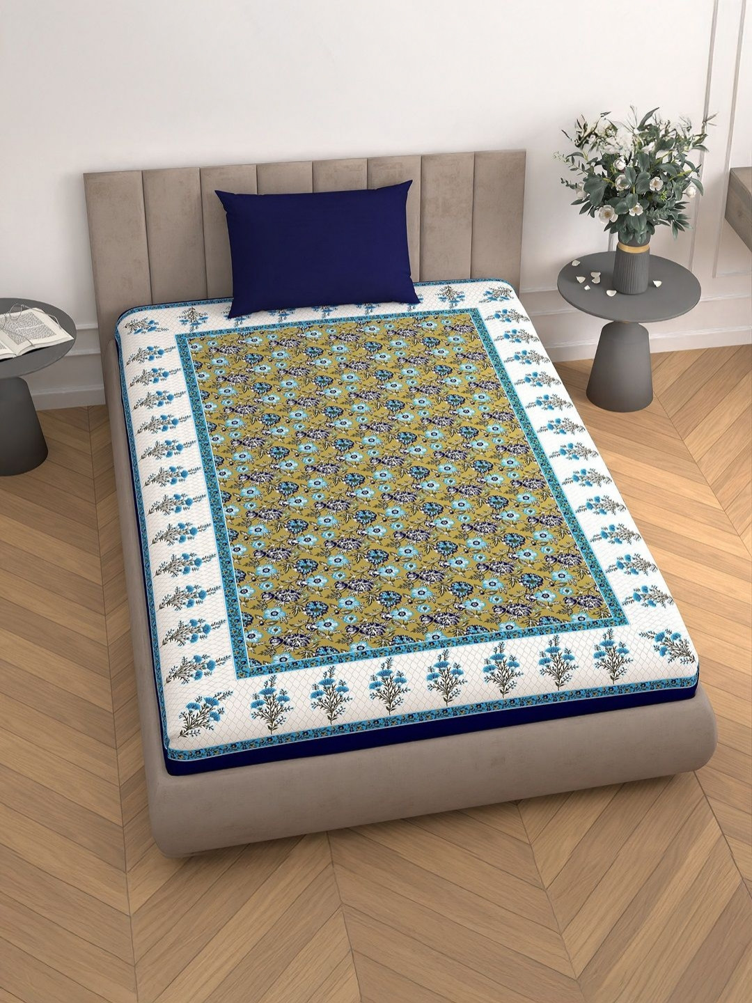 Aura White Floral Microfiber 110 TC Single Bedsheet with a Pillow Cover-229 x 152 cm