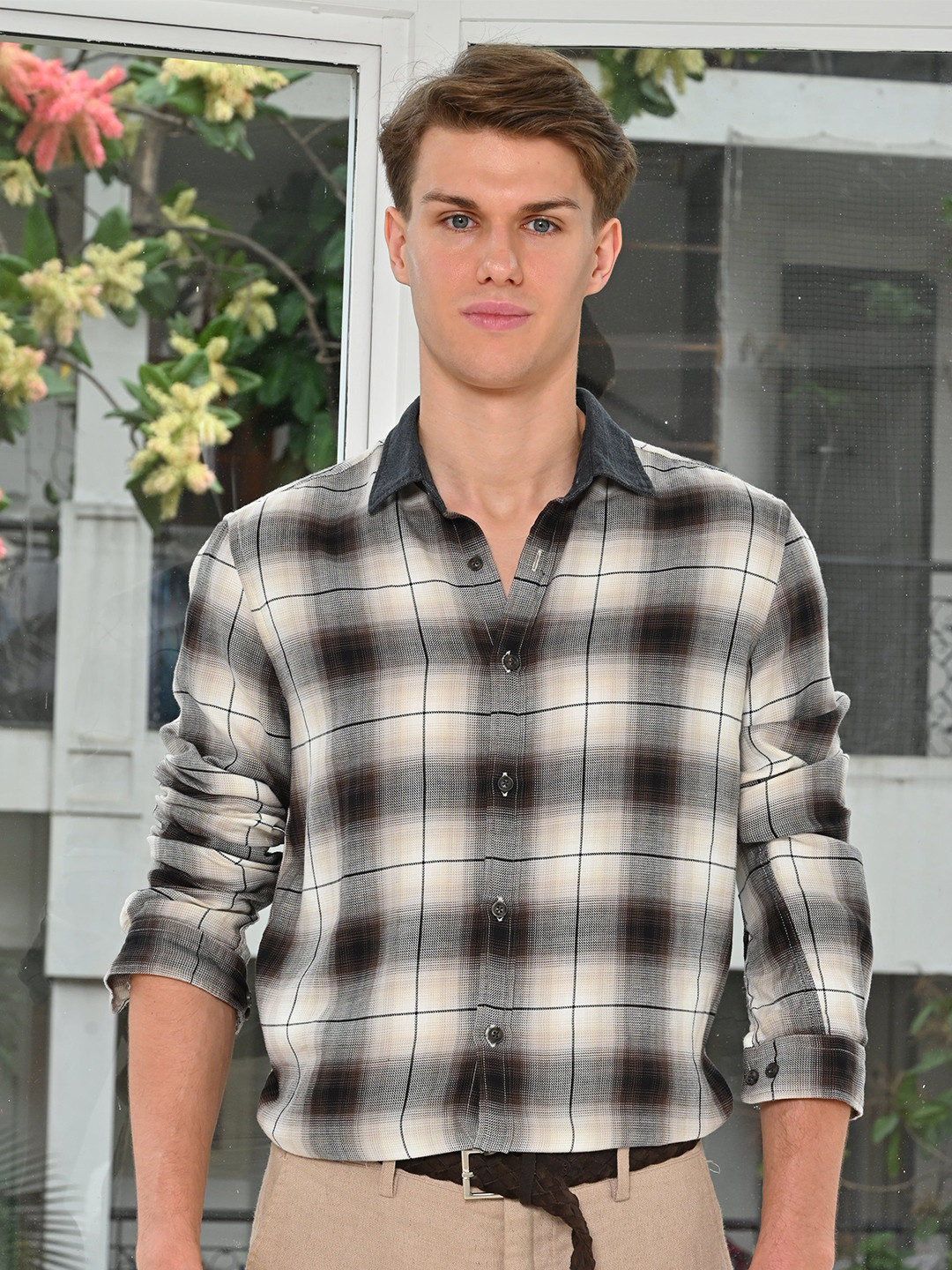 POE Men Gracie - Check Shirt With Denim Collar - Brown