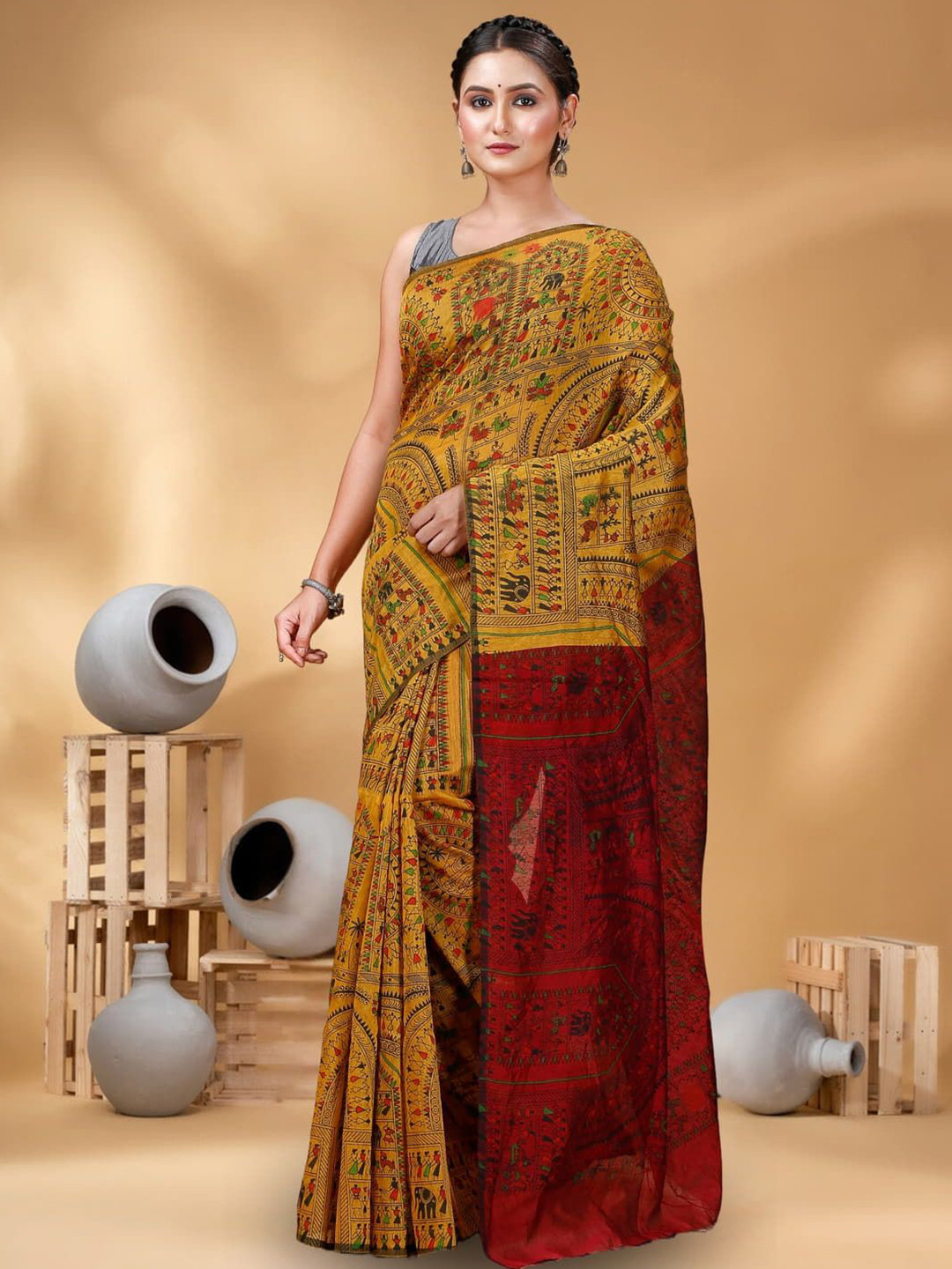 T.J. SAREES Madhubani Printed Block Print Saree