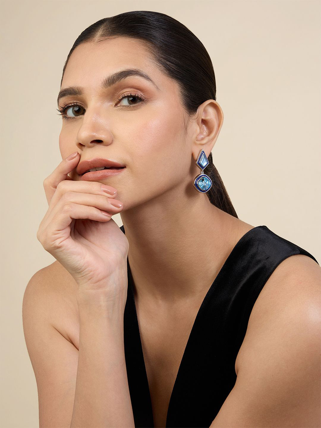 Isharya Rhodium-Plated Crystals Studded Aquamarine Drop Earrings