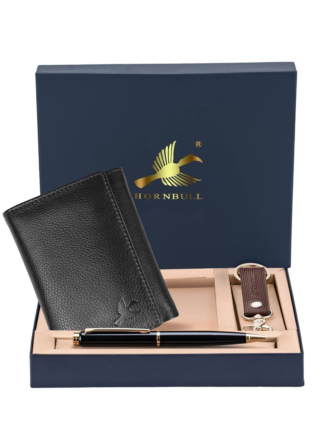 Hornbull Men Trifold Black Leather Wallet, Keyring & Pen Combo Accessory Gift Set