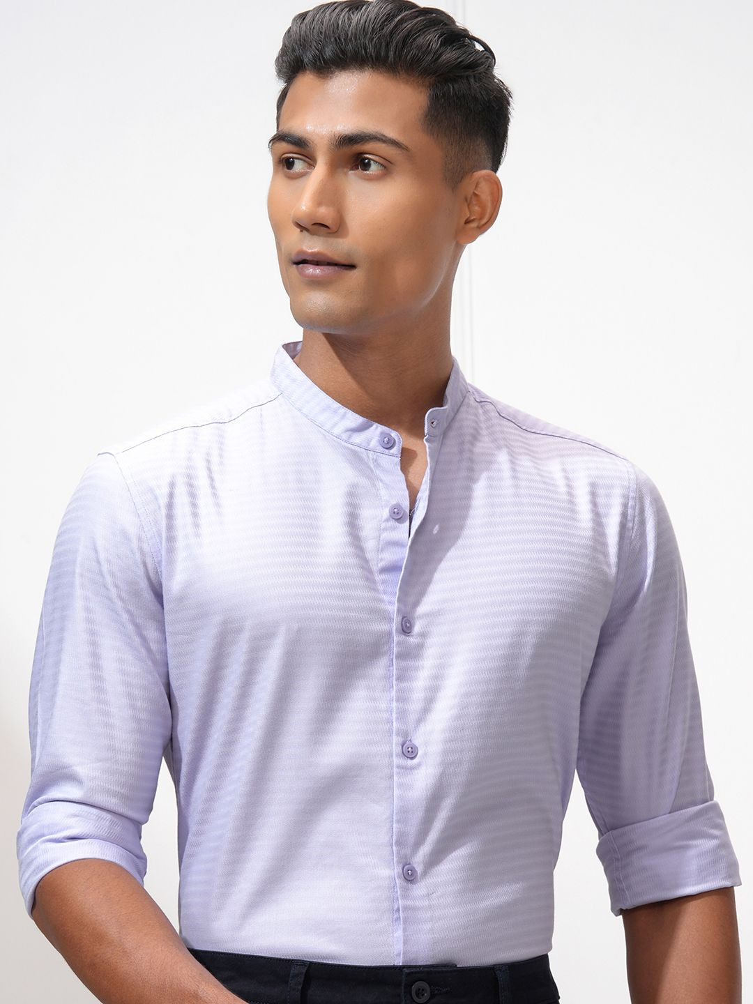 HIGHLANDER MenDobby Textured Solid Mandarin Collar Casual Shirt
