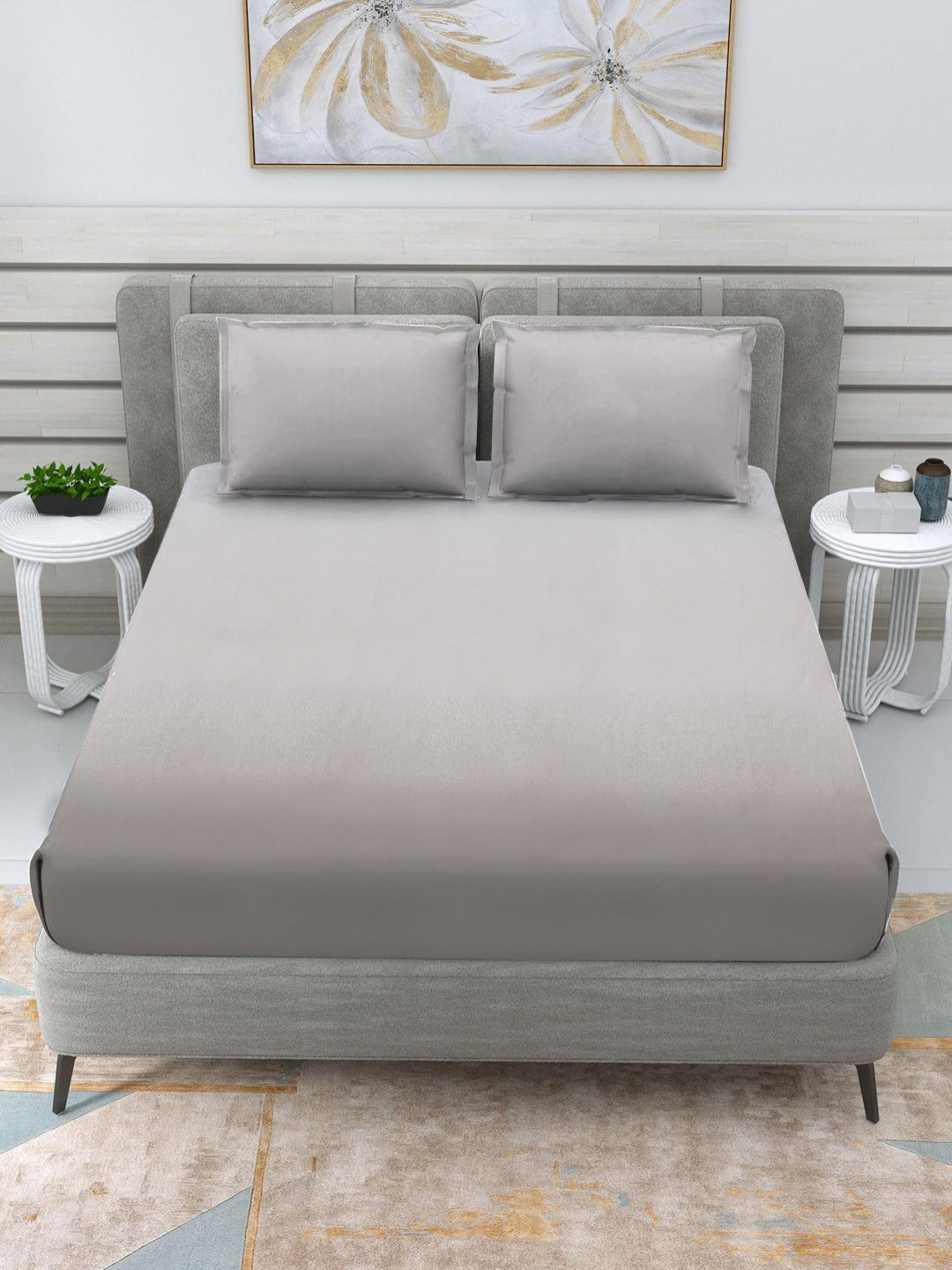 RRC RR Creations Grey Cotton 250 TC King Fine Bedsheet with 2 Pillow Covers-108 x 108 inches