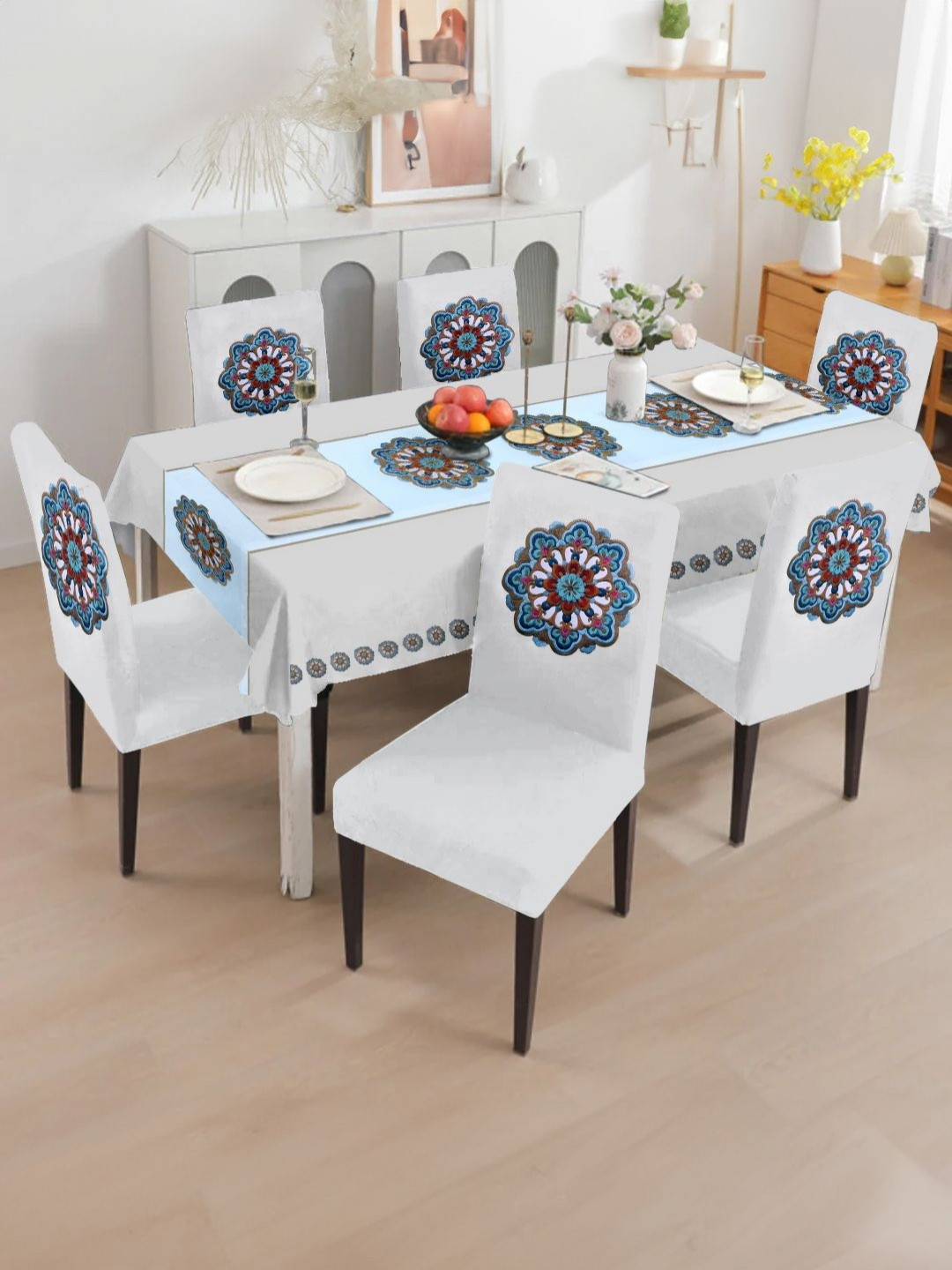 Cortina 7-Pcs Off-White & Blue Printed Table Cover & Dining ChairCoverSet