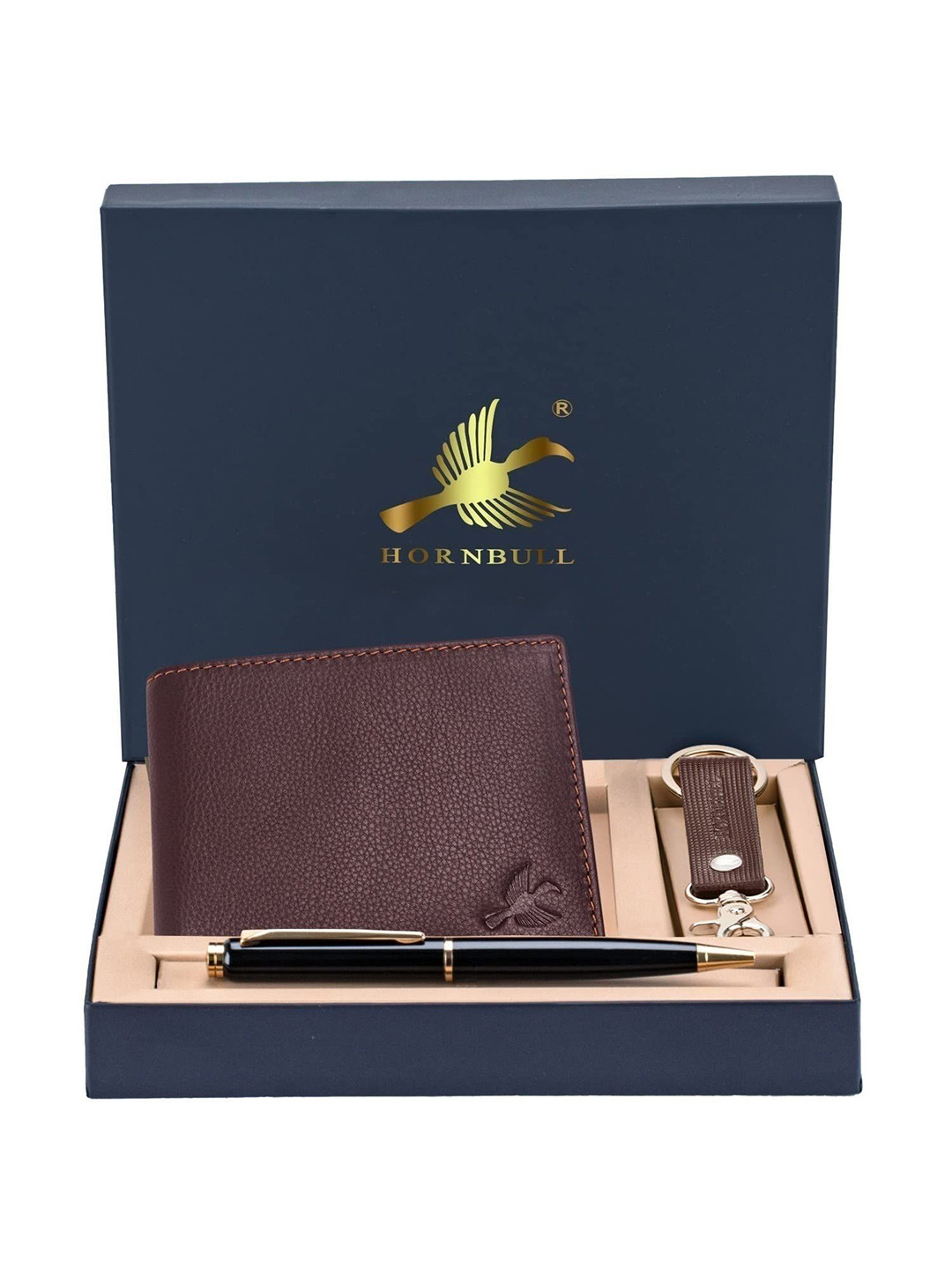 Hornbull Men Maddison Brown Leather Wallet, Keyring & Pen Combo Accessory Gift Set