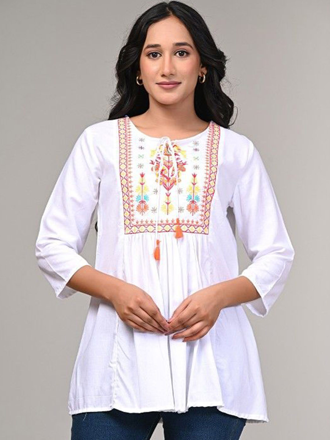 AVAYAYAT Floral Embroidered Tie-Up Neck Pleated Thread Work A-Line Kurti