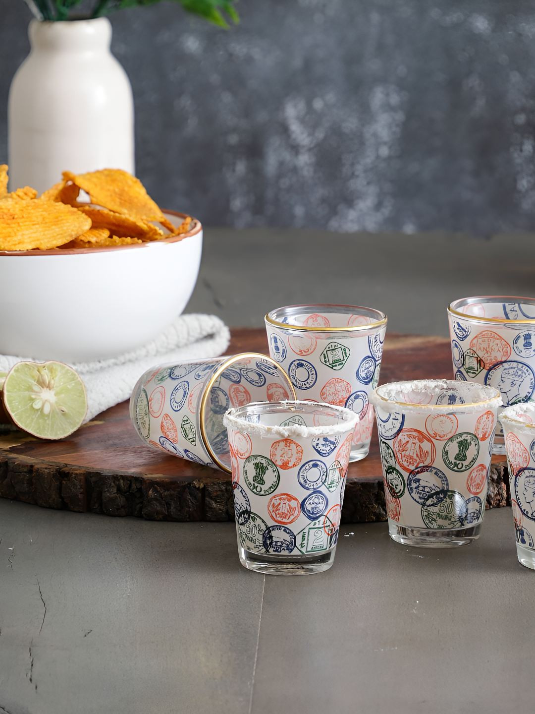 EK DO DHAI White & Red 6 Pieces Coin Printed Golden line Shot Glasses 60 ml Each