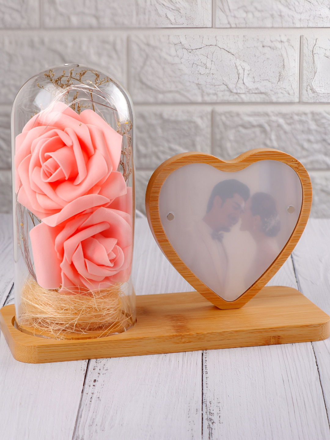 Archies Pink & Brown Printed Table Photo Frame With LED