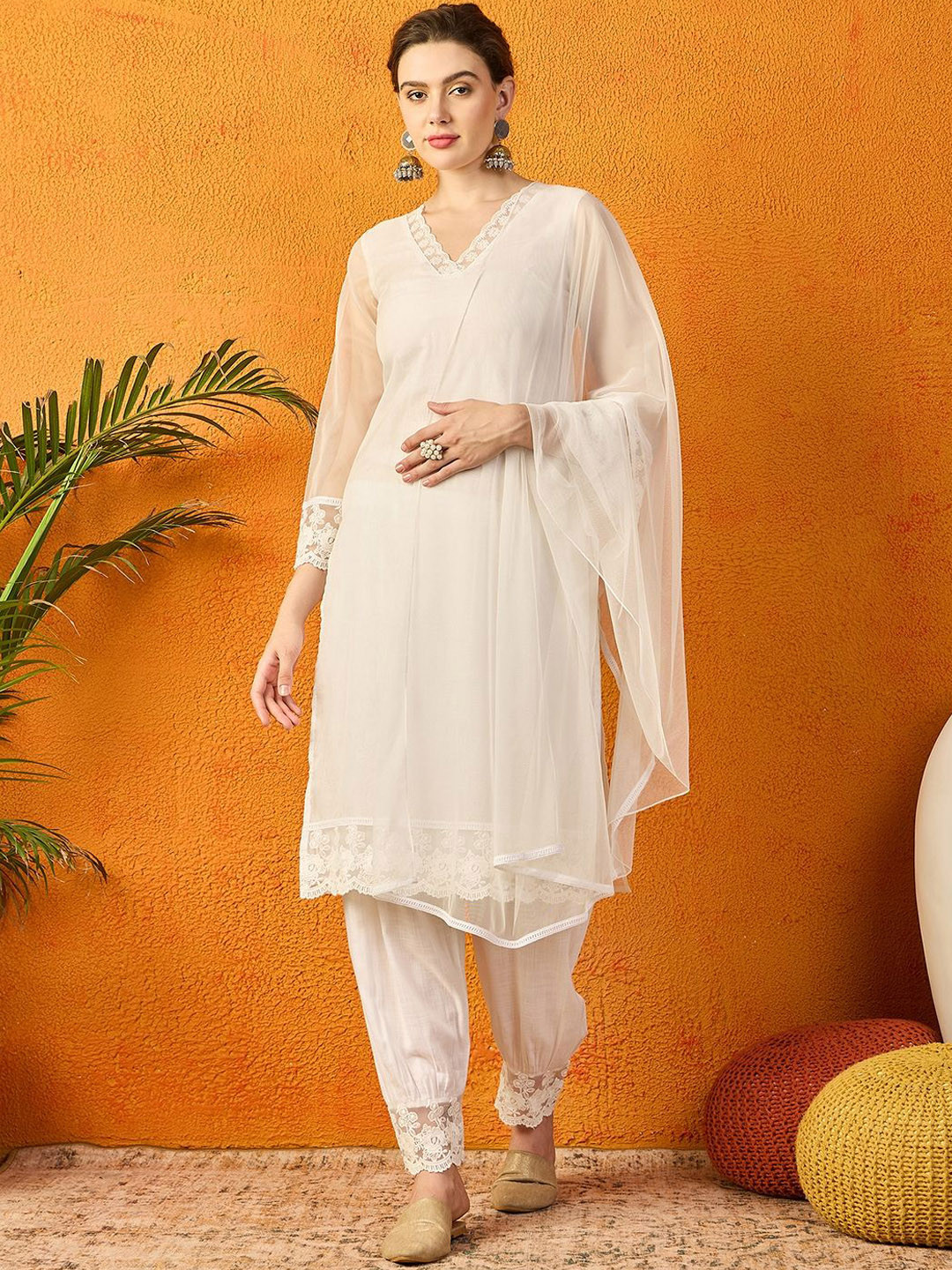 PANIT White V-Neck Organza Straight Kurta With Trousers & Dupatta