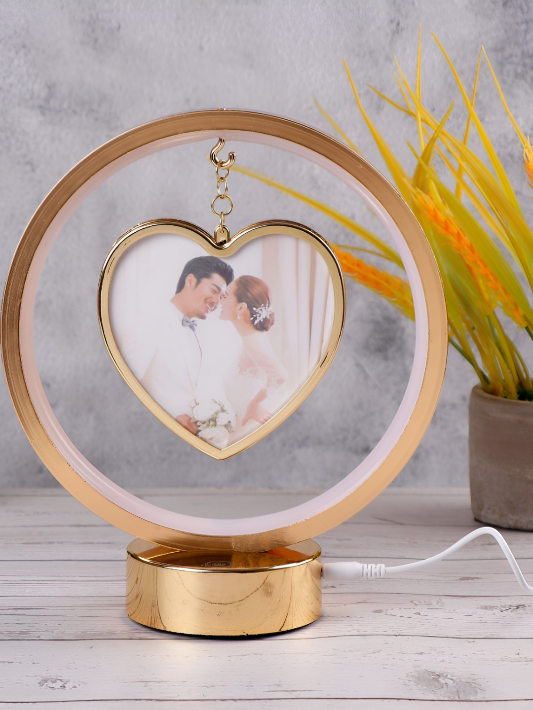 Archies Gold-Toned & White Printed Heart Shaped Table Photo Frame With LED
