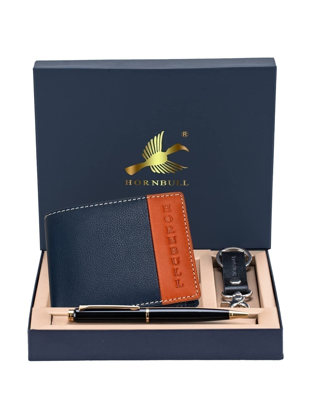 Hornbull Men Taylor Navy-Rust Leather Wallet, Keyring & Pen Combo Accessory Gift Set