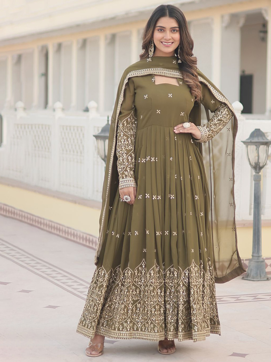 Ethnic Yard Women Ethnic Motif Sequin Embroidered A-Line Maxi Ethnic Dress With Dupatta