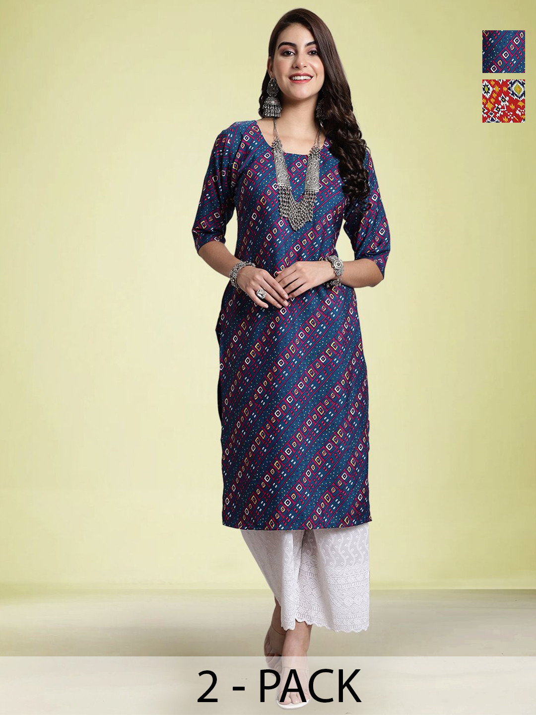 Moda Rapido Selection Of 2 Geomertric Printed Round Neck Straight Kurtas