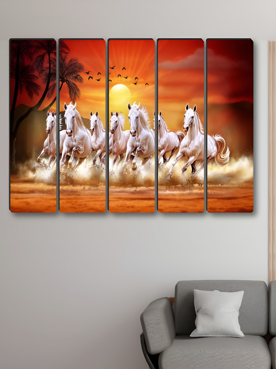 Aura 7 Running Horses Synthetic Wood 5 Piece Wall Rectangle Paintings Wall Art -60 x 30 In