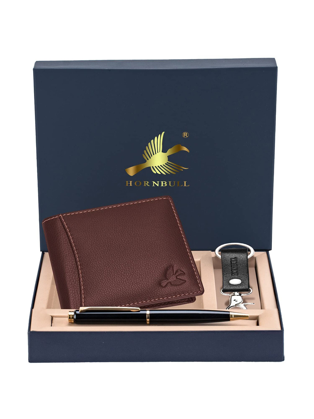 Hornbull Men Themes Brown Leather Wallet, Keyring & Pen Combo Accessory Gift Set
