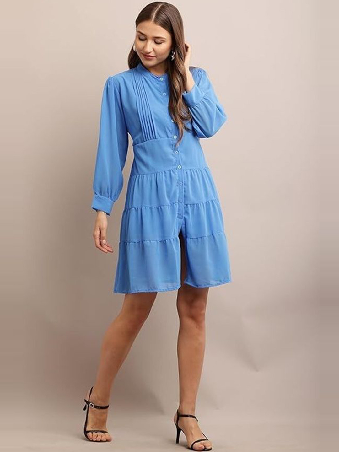 Jitisha Mandarin Collar Cuffed Sleeves Tiered Georgette Shirt Dress