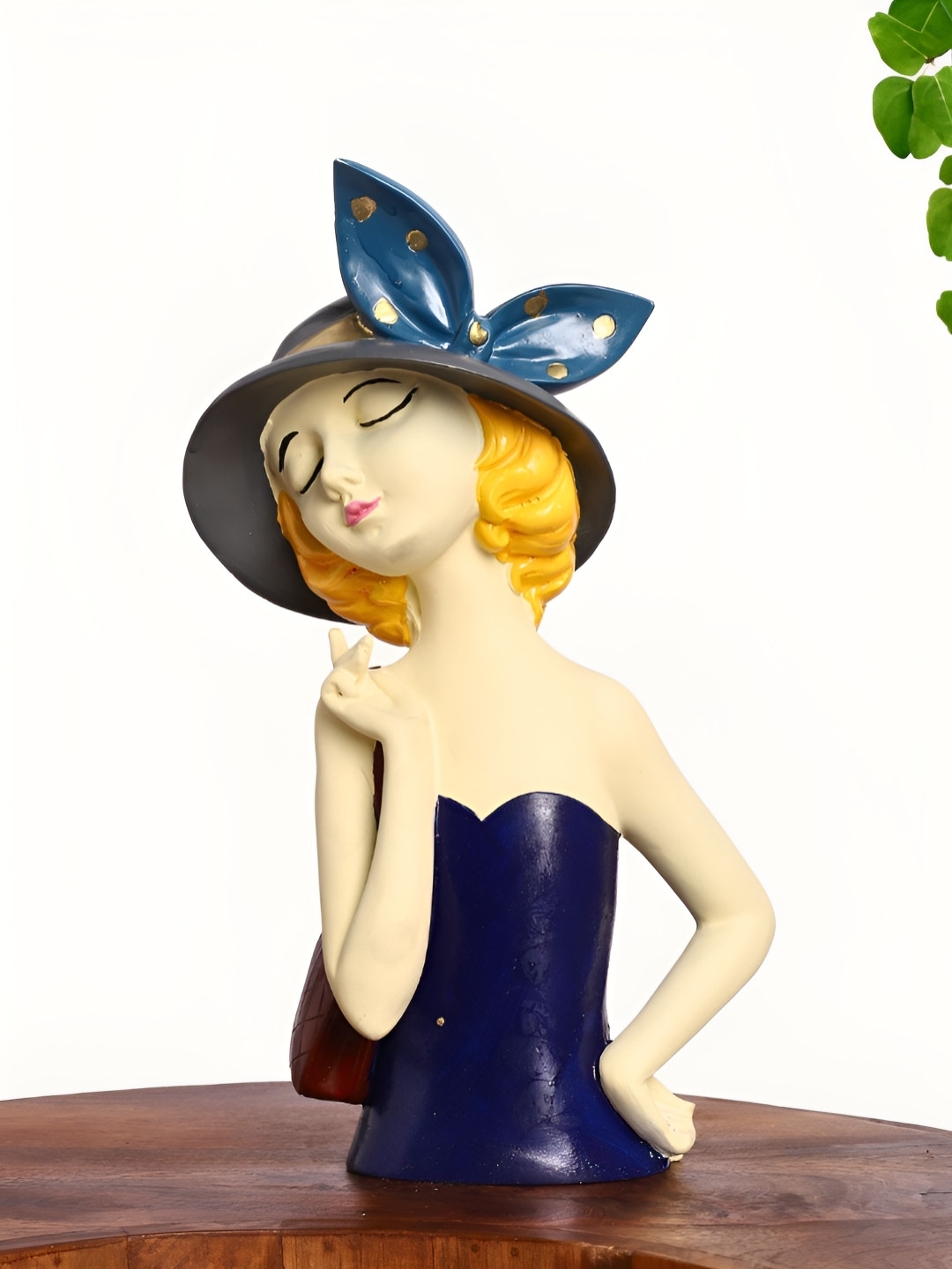 INTERNATIONAL GIFT Modern Girls and Hat with Purse Blue Polyresin Glossy Living Room Medium Showpiece - 12 Inches