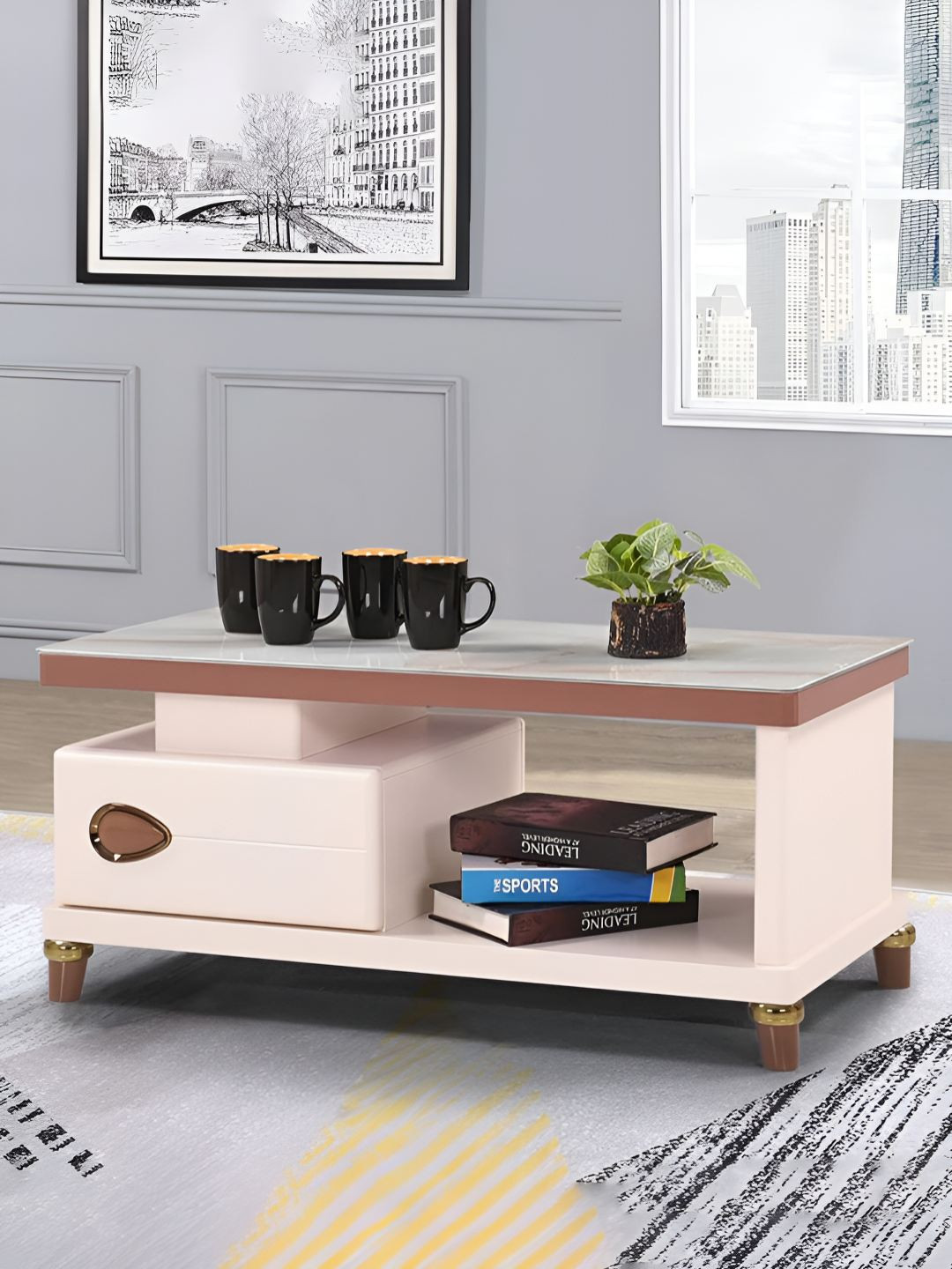 Royaloak White & Brown Textured Tempered Glass Top Coffee Table