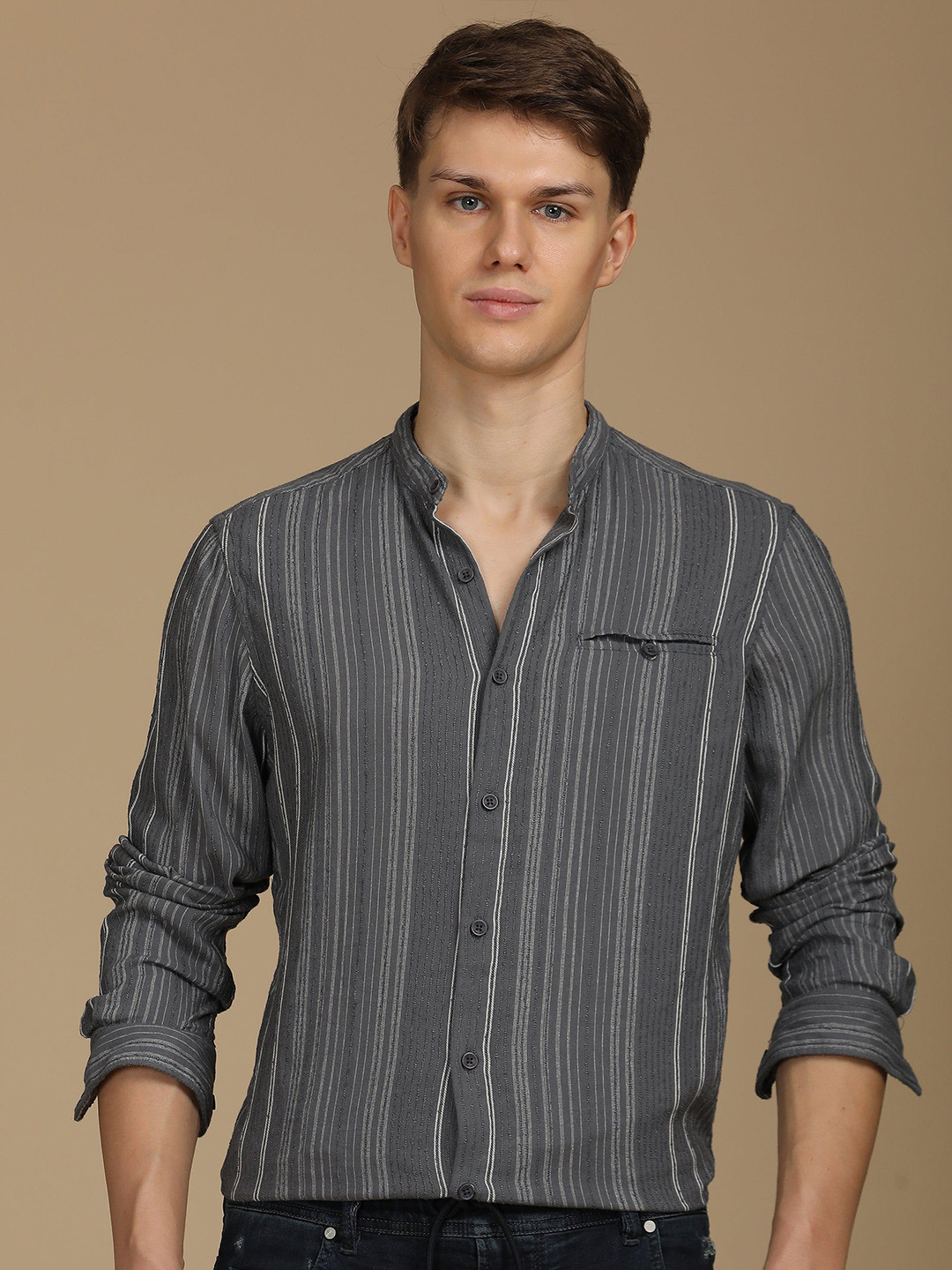 POE Men Ternando - Chenille Striped Shirt - Grey