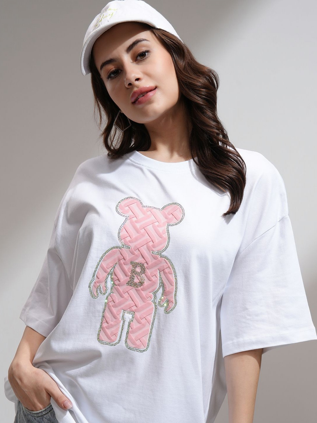 CHIC BY TOKYO TALKIES Women Oversized Fit Embroidered with Rhinestones T-shirt