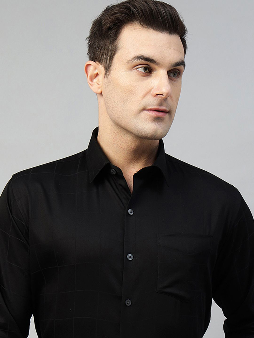 Hancock Men New Slim Fit Self Design Checked Pure Cotton Satin Stretchable Party Shirt