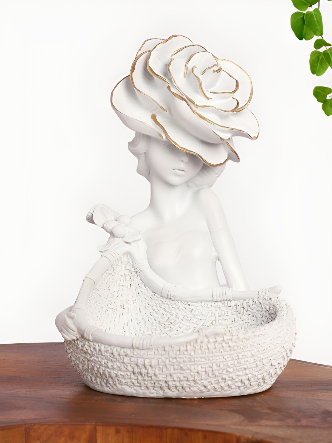 INTERNATIONAL GIFT Lady with Basket White Polyresin Matte Living Room Medium Showpiece - 10 Inches