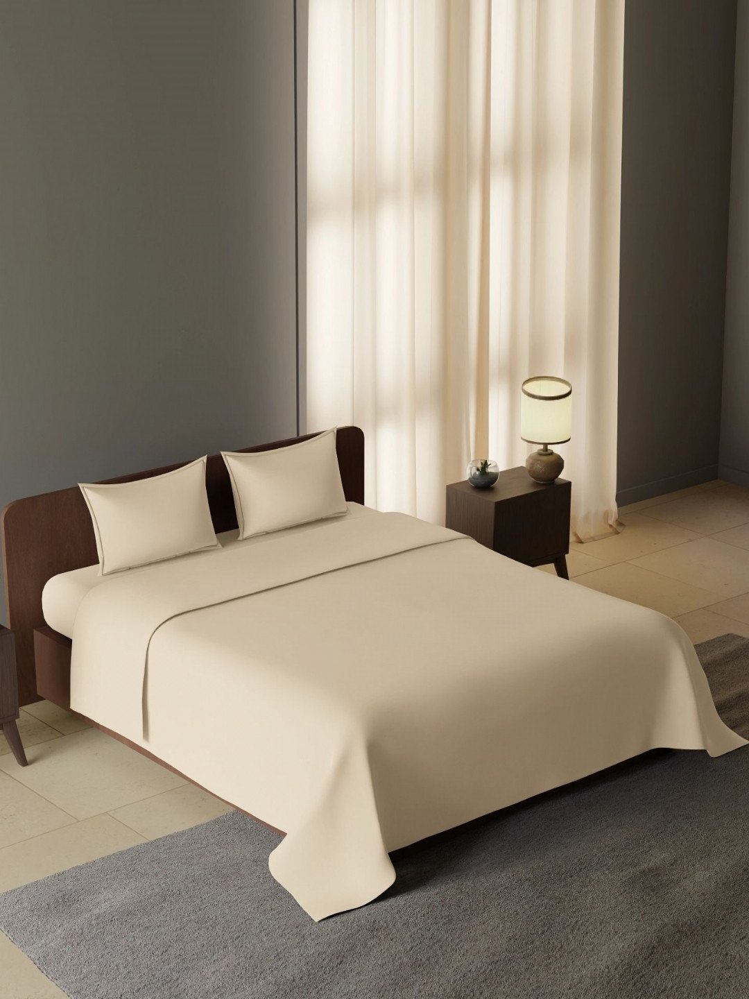 Synergized Cotton Airwhisked Softness Beige Cotton 300 TC King Fine Bedsheet with 2 Pillow Covers-96 x 66 inches