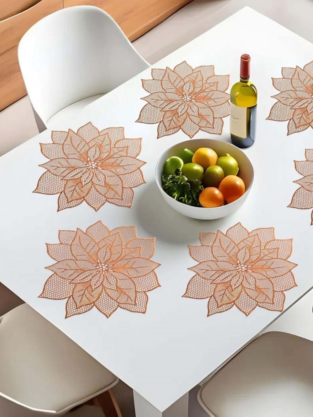 TANLOOMS Rose Gold-Toned 6 Pieces Flower Cut Work Design Rexine Table Placemats