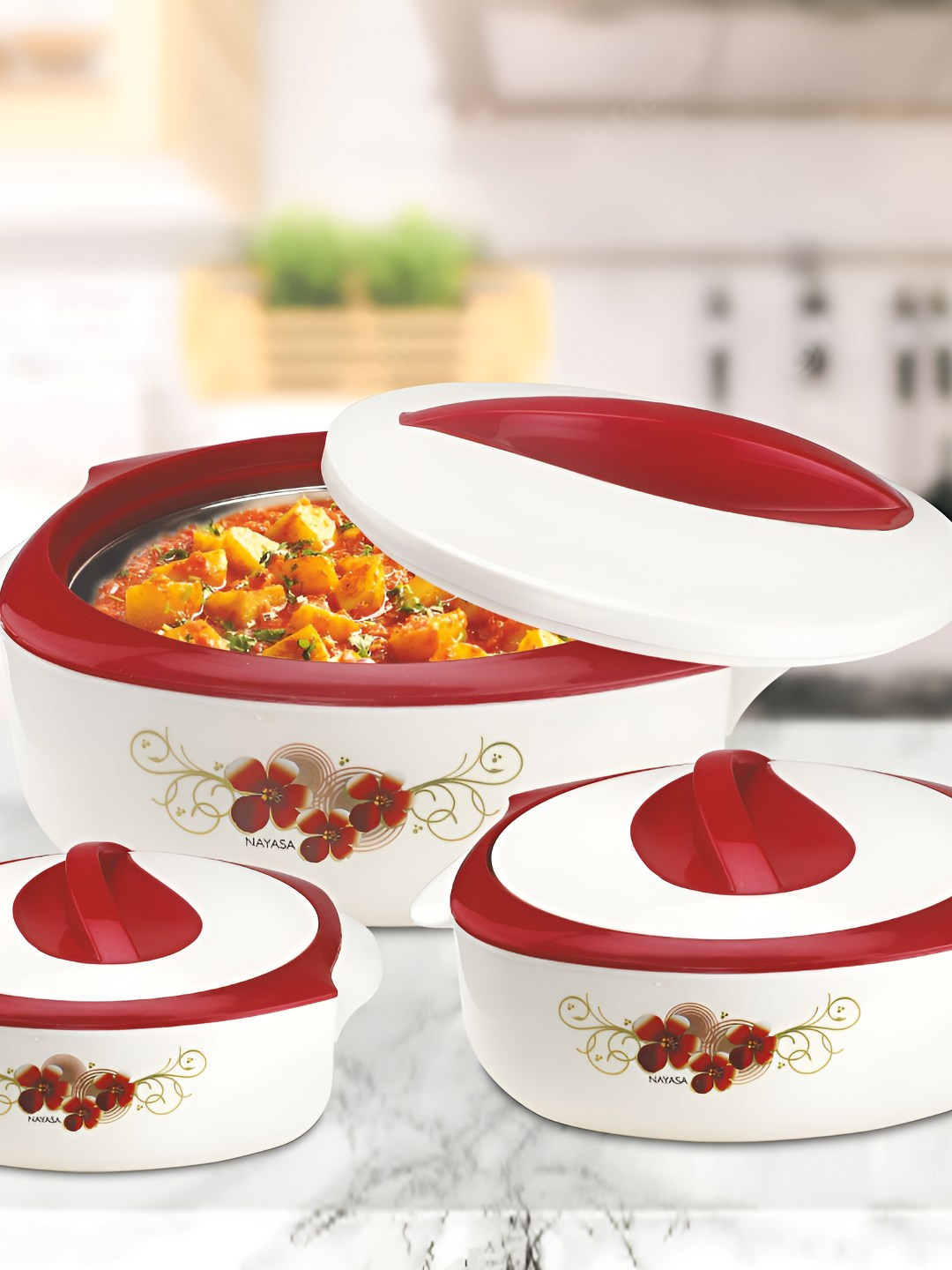 Nayasa Desire Set of 3 Red Insulated Stainless Steel Casserole