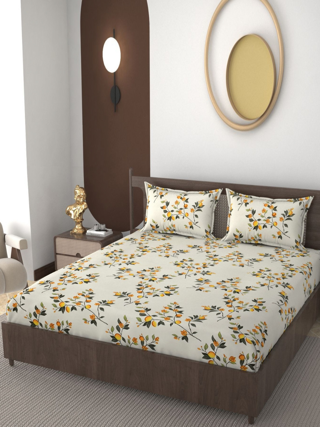 VOMZER Kharpatwar Cream Floral Cotton 210 TC Fitted King Fine Bedsheet with 2 Pillow Covers-78 x 72 inches