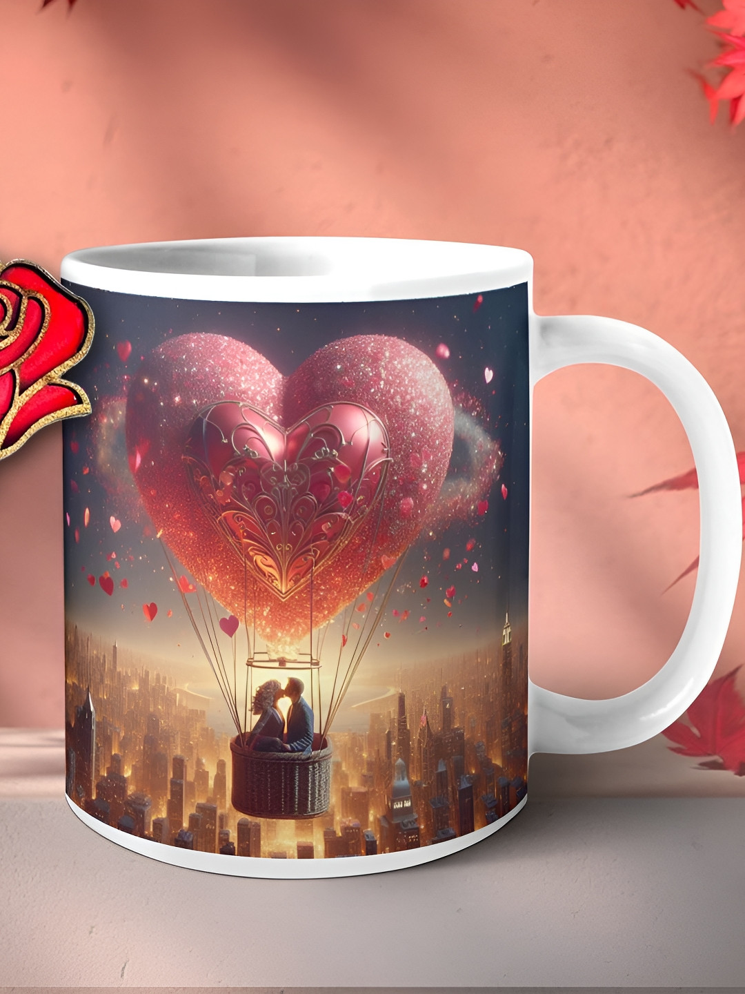 Phirki Studio Belle White Graphic Ceramic Microwave Safe Mug with Wooden Rose Magnet-350ml