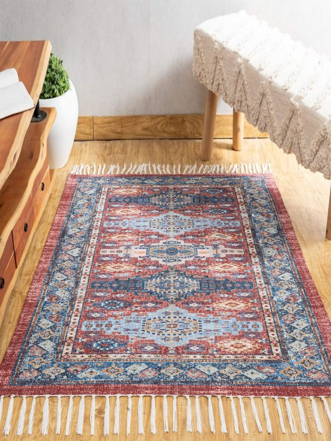 TROOST Red & Blue Ethnic Motifs Anti Skid Oriental Traditional Area Rug