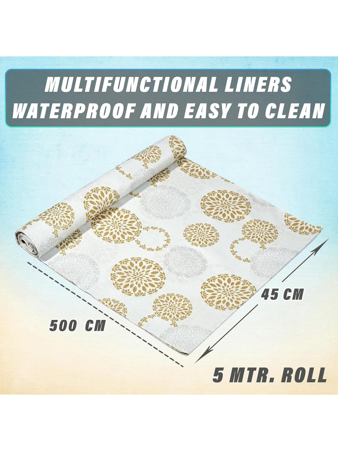 REVEXO White & Gold-Toned Floral Printed Reusable Kitchen Shelf Liner Organisers