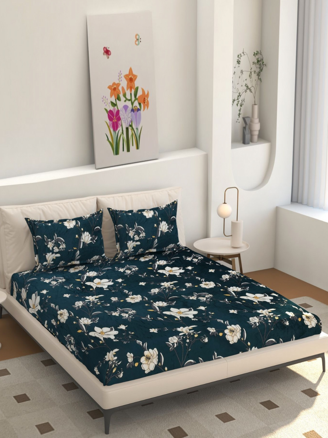 hargunz Green Floral Wool 350 TC Queen Superfine Bedsheet with 2 Pillow Covers-78 x 72 inches