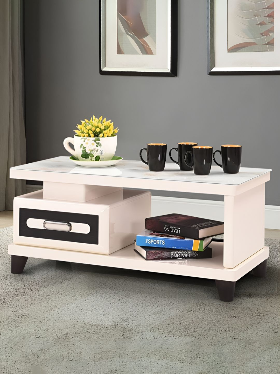 Royaloak White & Brown Textured Tempered Glass Top Coffee Table