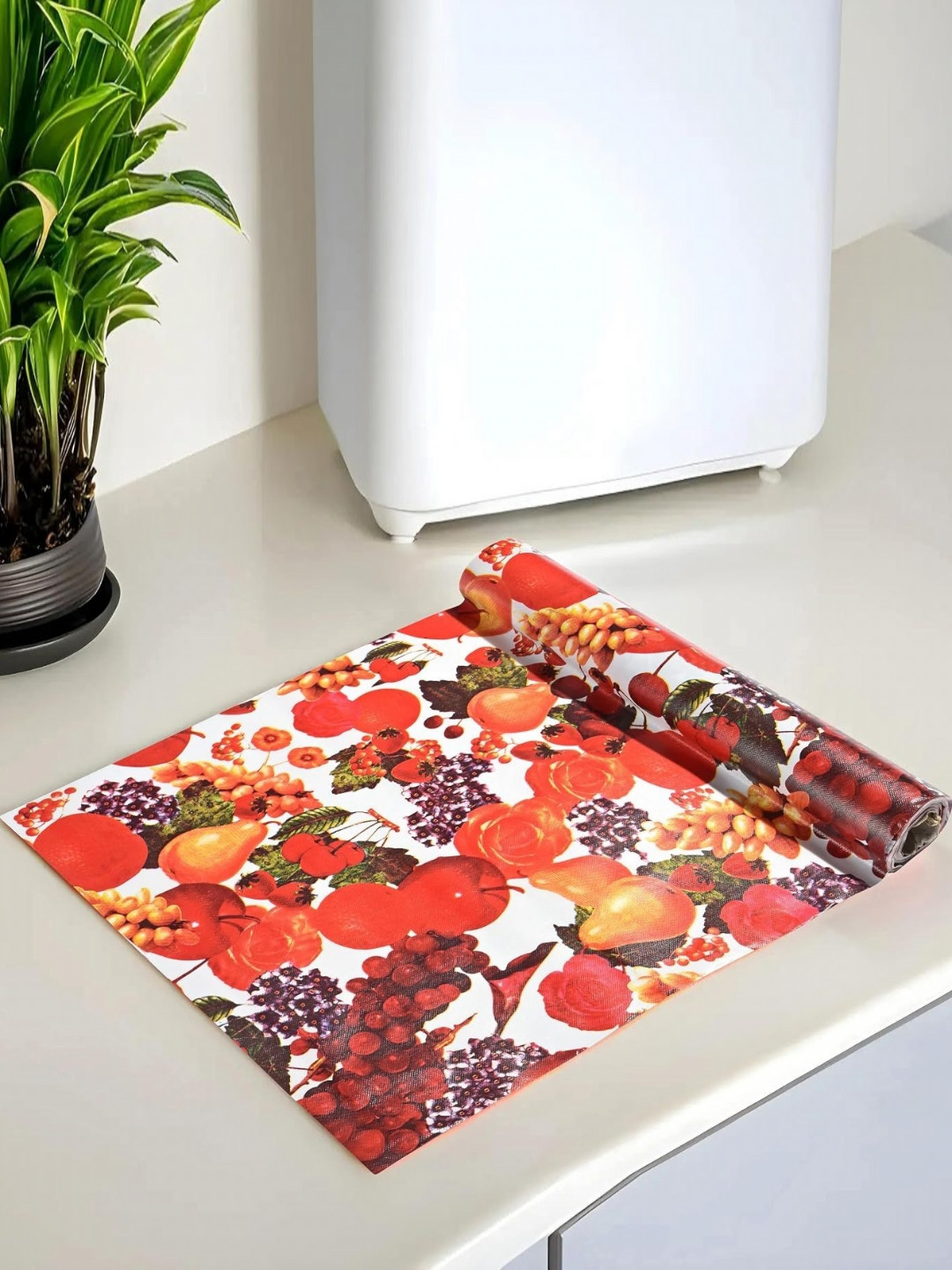 REVEXO White & Red Fruits Printed Reusable Kitchen Shelf Liner
