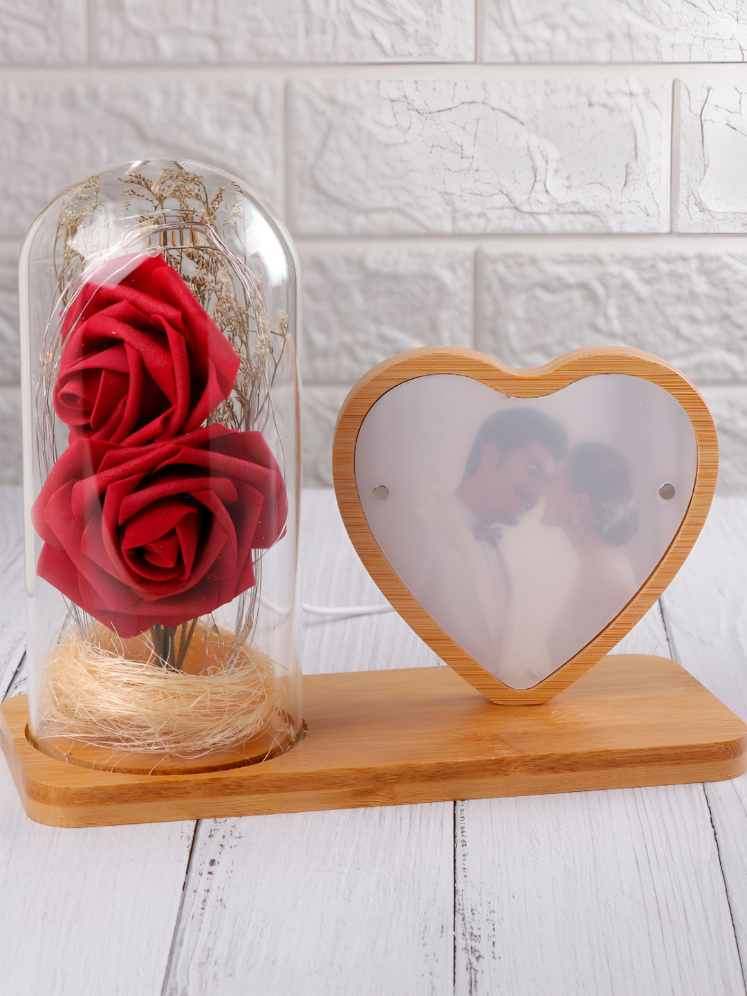 Archies Red & Brown Rose Printed Table Photo Frame With LED