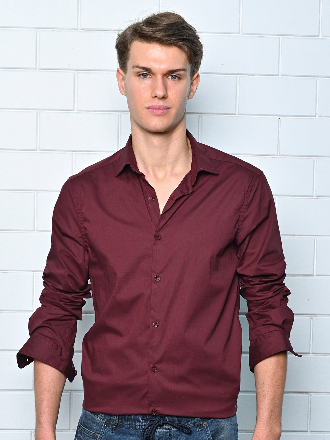 POE Men Cupid - Cotton Lycra Solid Shirt - Maroon