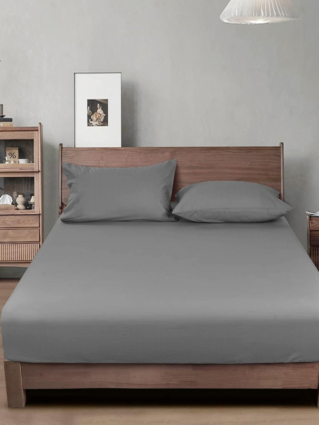 THE little BIG STORE Grey Microfiber Skin-Friendly 300 TC Fitted King Fine Bedsheet with 2 Pillow Covers-72 x 78 inches