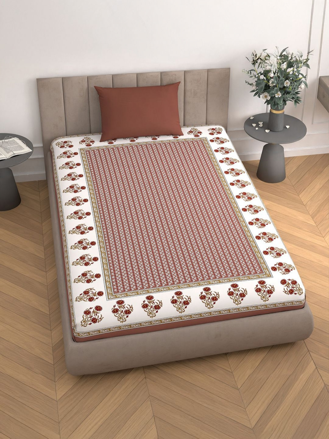 Aura Dream Lover Maroon Ethnic Motifs Microfiber 110 TC Fitted Single Bedsheet with a Pillow Cover-152 x 229 cm