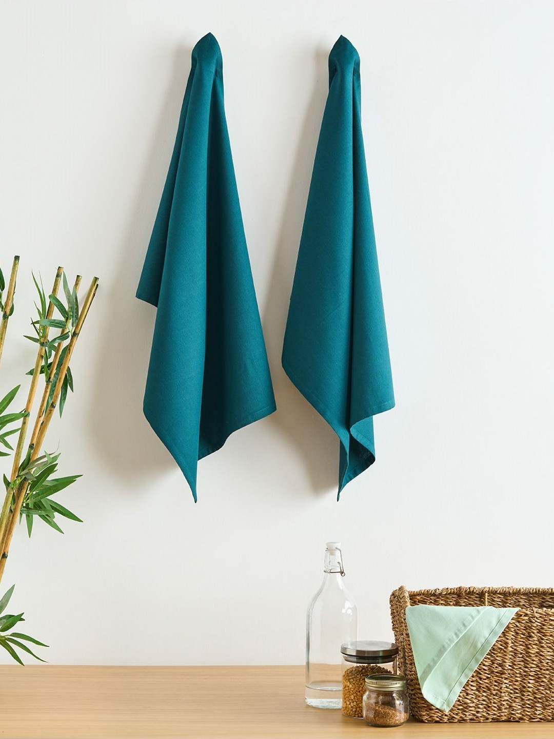 SKANDA FAB Green 2 Pieces Pure Cotton Kitchen Towels
