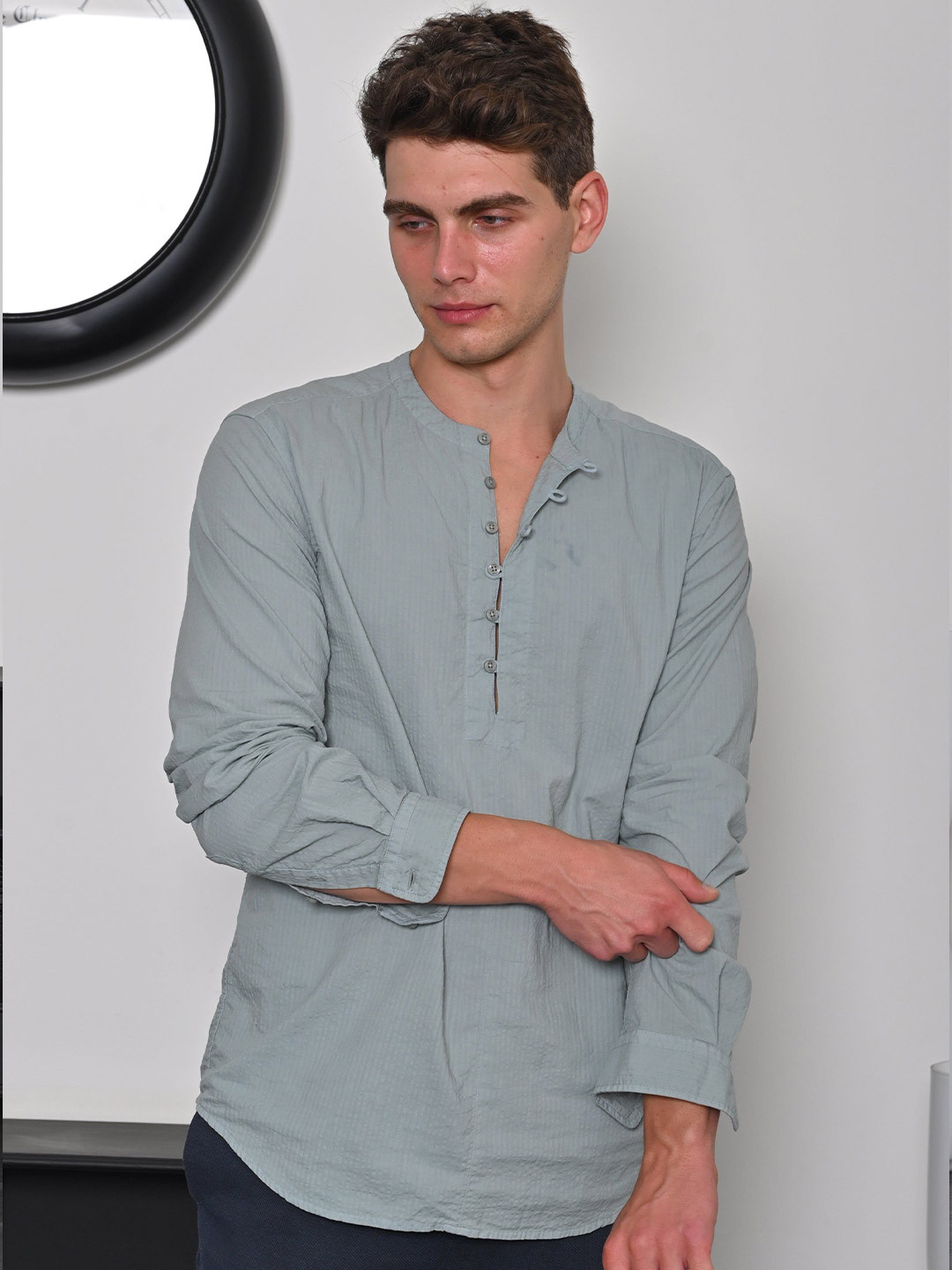 POE Men Emerland - Seersucker Solid Kurta Shirt - Pista