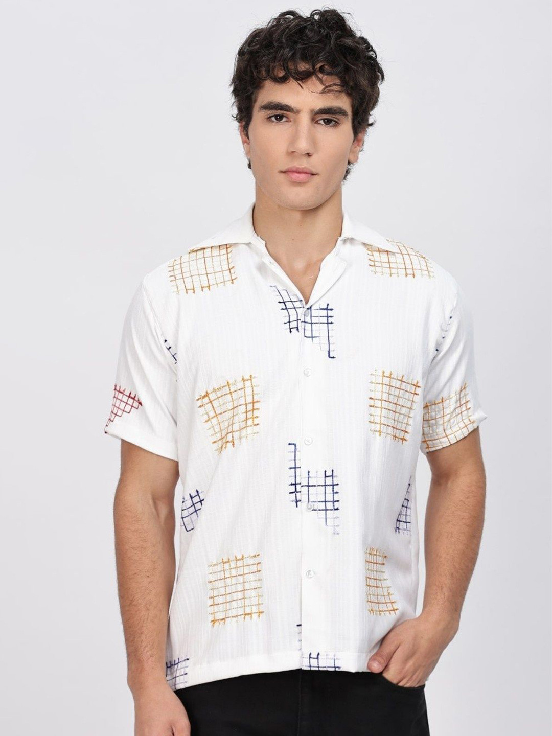 TBS- THE BARGAIN STREET Men Classic Cuban Collar Geometric Printed Cotton Casual Shirt