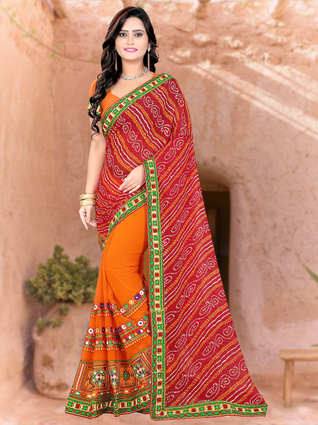 KALINI Orange & Blue Bandhani Embroidered Half and Half Saree