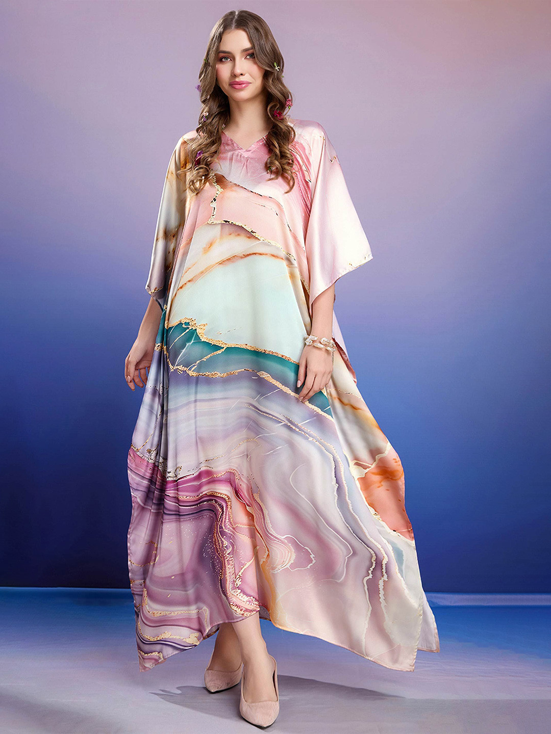 LABEL AARNA Women Seashell Serenity Soft Satin Kaftan with Digital Print