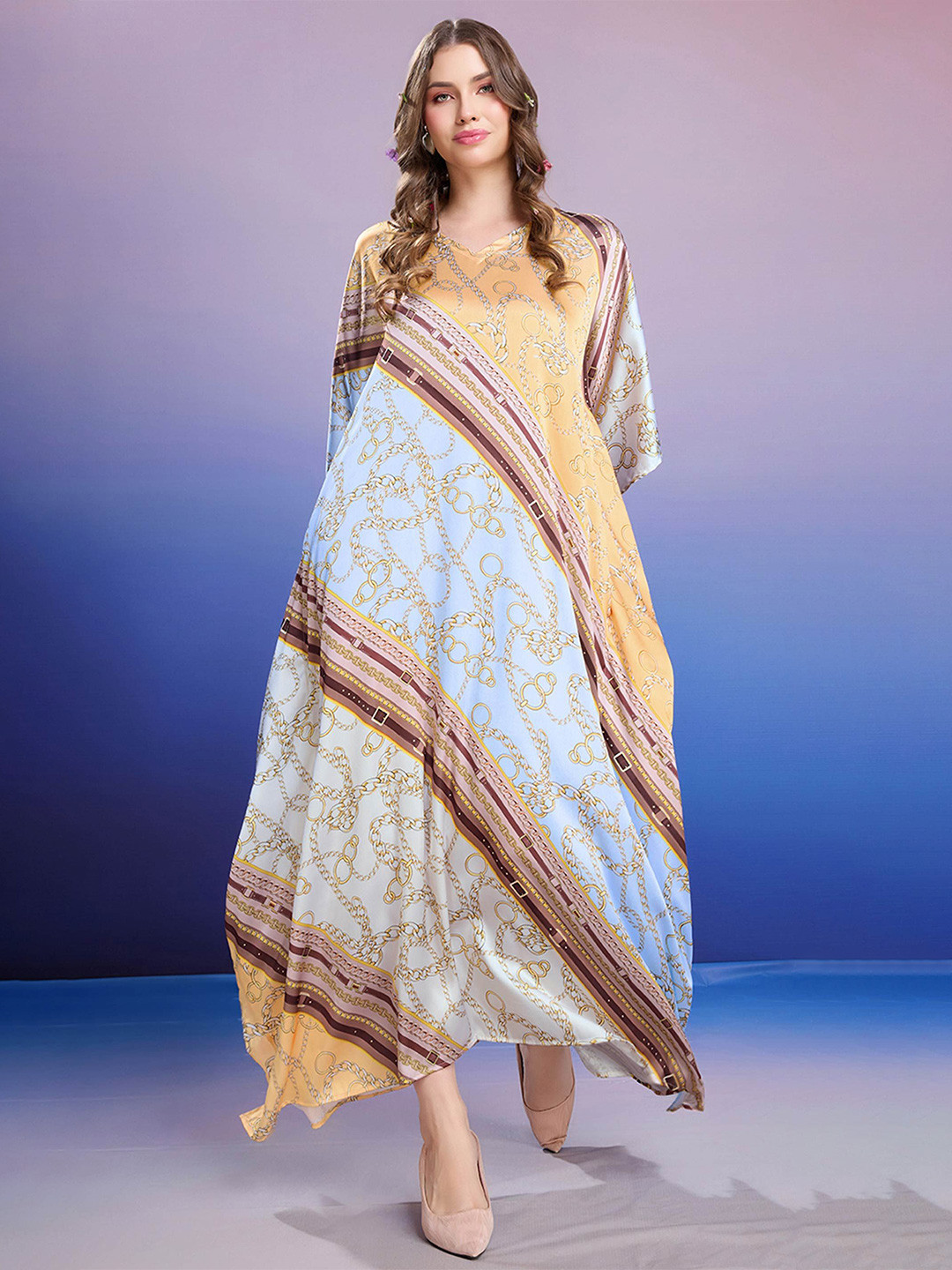 LABEL AARNA Chain of Luxe Soft Satin Kaftan with Digital Print